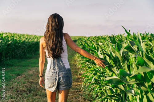 Wallpaper Mural Female farmer taking a walk in a corn field at sunset