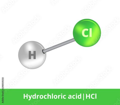 Vector ball-and-stick model of mineral acid. Icon of hydrochloric acid HCl structure consisting of chlorine and hydrogen. Structural formula suitable for education isolated on a white background.