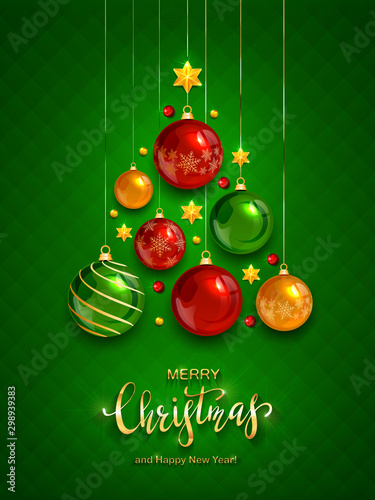Shiny Christmas Balls on Green Background