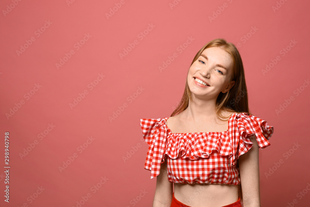 Portrait of happy young woman on pink background, space for text Portrait of happy young woman on pink background, space for text