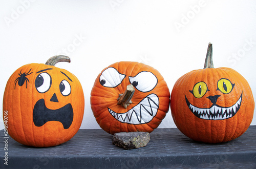 Bemalte Kürbisse – Angst vor der Spinne, gemeiner fieser Charakter und Grinsekatze