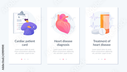 Ischemic heart disease. Heart care. Cardiovascular disease. Cardiac patient card, Heart disease diagnosis, Treatment of heart disease metaphors. Website web page template - concept metaphors.