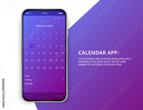 User interface design. Mobile calendar app. Phone app calendar 2020 year. Names and dates of holidays for 2020 year. Isolated phone mockup. February calendar.