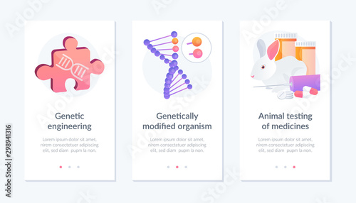Gene manipulation. Genetic research. DNA recombination. Genetic engineering, GMO genetically modified organism, animal testing of medicines metaphors. Website web page template - concept metaphors.