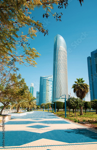 Abu Dhabi Corniche walking area with landmark view of modern bui