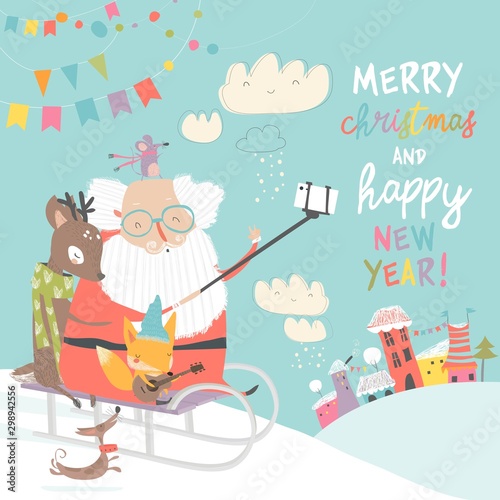 Santa take a selfie with reindeer and fox