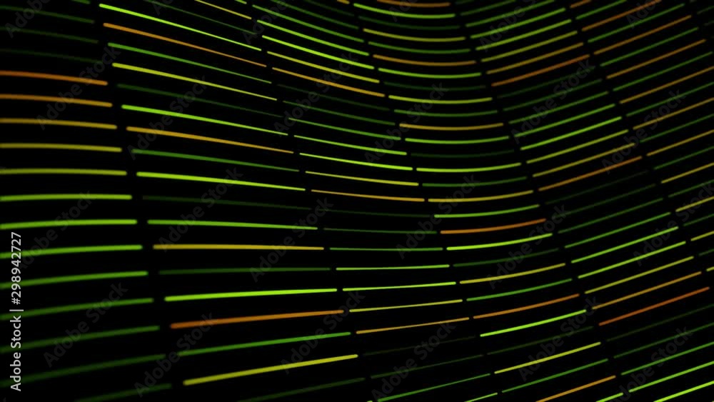 Colorful wavy texture of narrow lines devided into small segments flowing on black background, seamless loop. Animation. Green and yellow diagonal neon stripes.