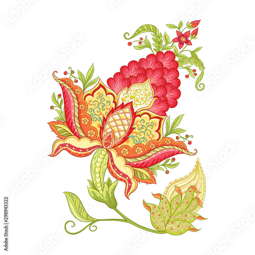 Fantasy flowers, traditional Jacobean embroidery style. Elements for design. Vector illustration in bright red and green colors isolated on white background..