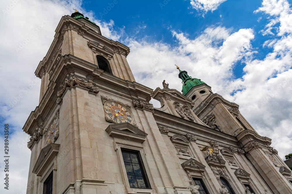 Exterior of the Salzburg cathedral (Dom zu Salzburg ), in the heart of the historic center of the city, masterpiece of early baroque art. 