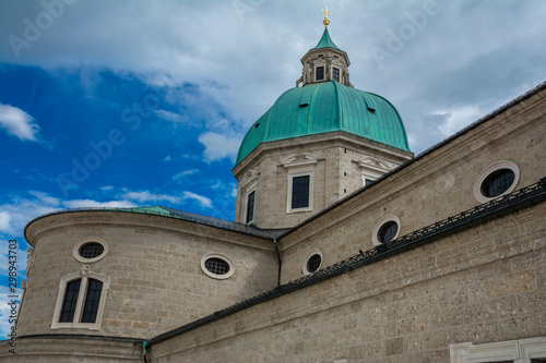 Exterior of the Salzburg cathedral (Dom zu Salzburg ), in the heart of the historic center of the city, masterpiece of early baroque art.  photo