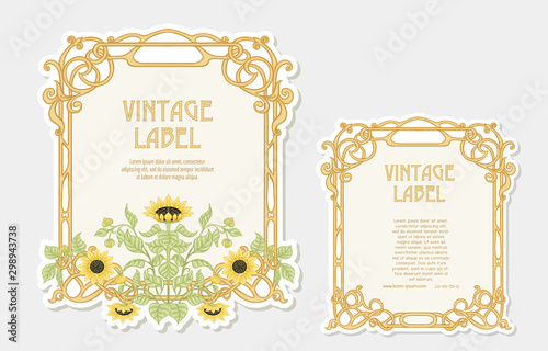 Sunflower. Set of 2 labels, decorative frames, borders. Good for product label with place for text Colored vector illustration. In art nouveau style, vintage, old, retro. Isolated on white background.