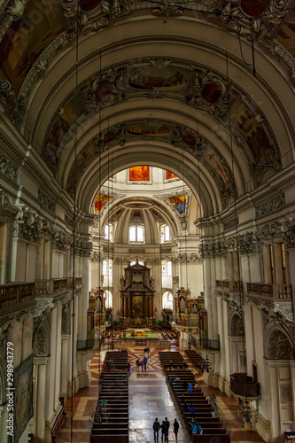 Indoor Salzburg cathedral (Dom zu Salzburg ), in the heart of the historic center of the city, masterpiece of early baroque art . View from above.