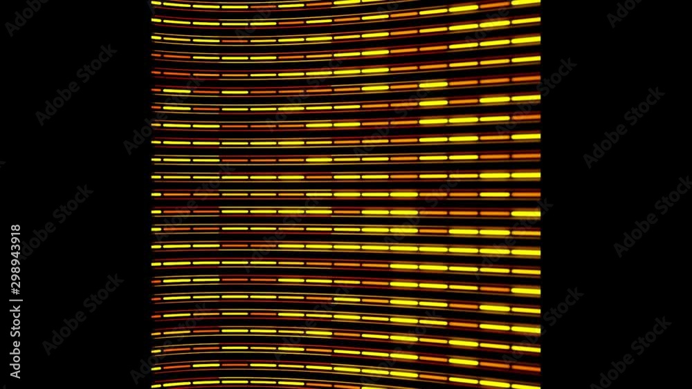 Abstract colorful lines devided into small segments flowing on black background, seamless loop. Animation. Digital horizontal rows of narrow yellow and red stripes.