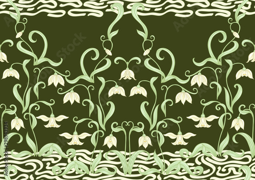 Galanthus, snowdrop, nivalis. Seamless pattern, background. Colored vector illustration in art nouveau style, vintage old retro style on army green background photo
