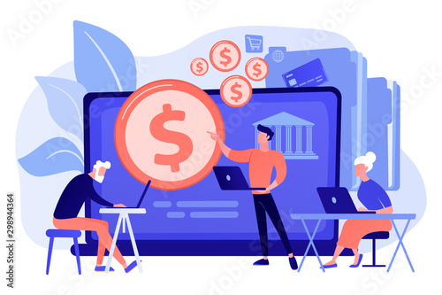 Financial consultant calculating pensioners fund. Financial literacy of retirees, retirement planning courses, retirement income control concept. Pink coral blue vector isolated illustration
