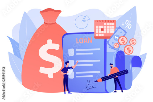 Bank credit. Finance management. Loan agreement signing. Mortgage money credit. Loan disbursement, quick loan service, easy credit program concept. Pink coral blue vector isolated illustration