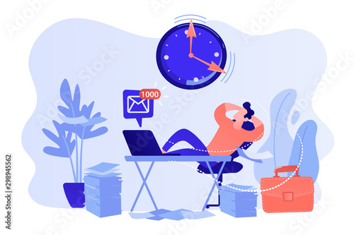 Procrastinating businessman sitting with legs on office desk postponing work. Procrastination, unprofitable time spending, useless pastime concept. Pinkish coral bluevector isolated illustration photo