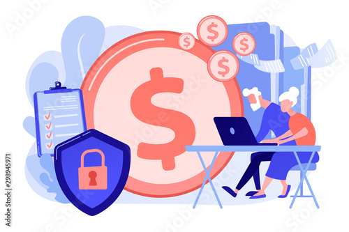Age pension, money savings. Online banking account protection. Elderly financial security, elderly poverty problem, seniors budget planning concept. Pinkish coral bluevector isolated illustration