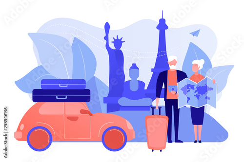 Senior couple abroad road trip. Elderly people on around world sightseeing tour. Retirement travel, traveling on pension, slow travel method concept. Pinkish coral bluevector isolated illustration