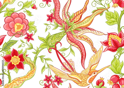 Fantasy flowers, traditional Jacobean embroidery style. Seamless pattern, background. Vector illustration in bright red and green colors isolated on white background..