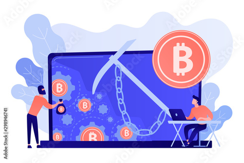 Scammer in mask stealing cryptocurrency from mining pool on laptop. Hidden mining, miner bot and mining virus concept on white background. Pinkish coral bluevector isolated illustration