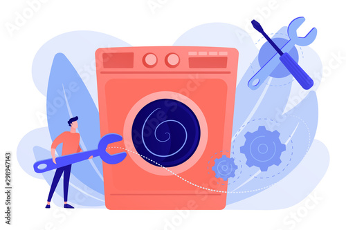 Service repairman with big wrench repairing washing machine. Repair of household appliances, smart TV service, household master services concept. Pinkish coral bluevector isolated illustration