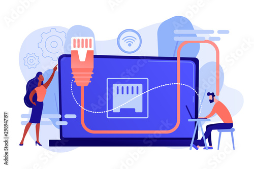 Businessman at table using laptop with ethernet connection. Ethernet connection, LAN connection technology, ethernet network system concept. Pinkish coral bluevector isolated illustration photo