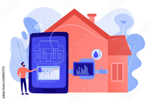 Smart home, house automation Water contamination detection system, real time water anomalies tracking, smart home water sensor concept. Pinkish coral bluevector isolated illustration