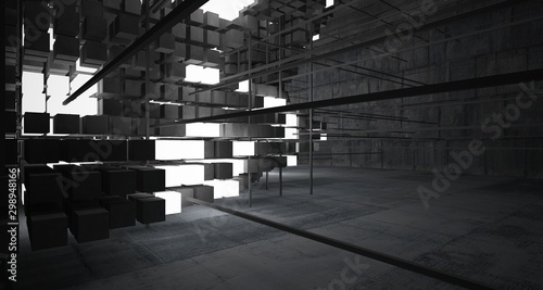 Abstract architectural concrete interior from an array of white cubes with neon lighting. 3D illustration and rendering.