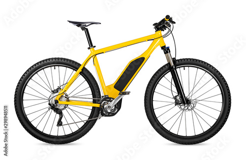 yellow ebike pedelec with battery powered motor bicycle moutainbike. mountain bike ecology modern transport concept isolated on white background