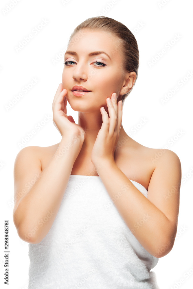 beautiful girl in white towel holding hands to face. skin health care. isolated on white background. beautiful girl in white towel holding hands to face. skin health care. isolated on white background.
