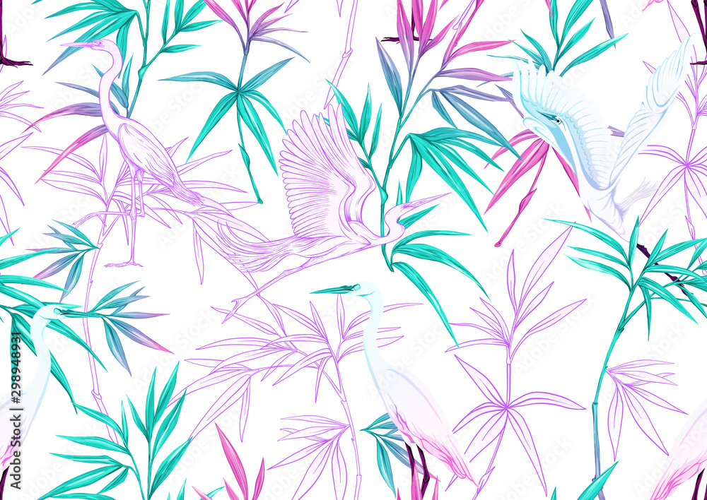 Fototapeta premium Tropical plants and flowers and birds. Seamless pattern, background. Colored and outline design. Vector illustration in neon, fluorescent colors. Isolated on white background..