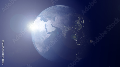 East Africa and Asia at Sunset. Northeast Asia with City Lights. Planet Earth by Day and Night from Outer Space. 3D Rendering High Resolution. Satellite Images, Space agencies and Civilization Concept