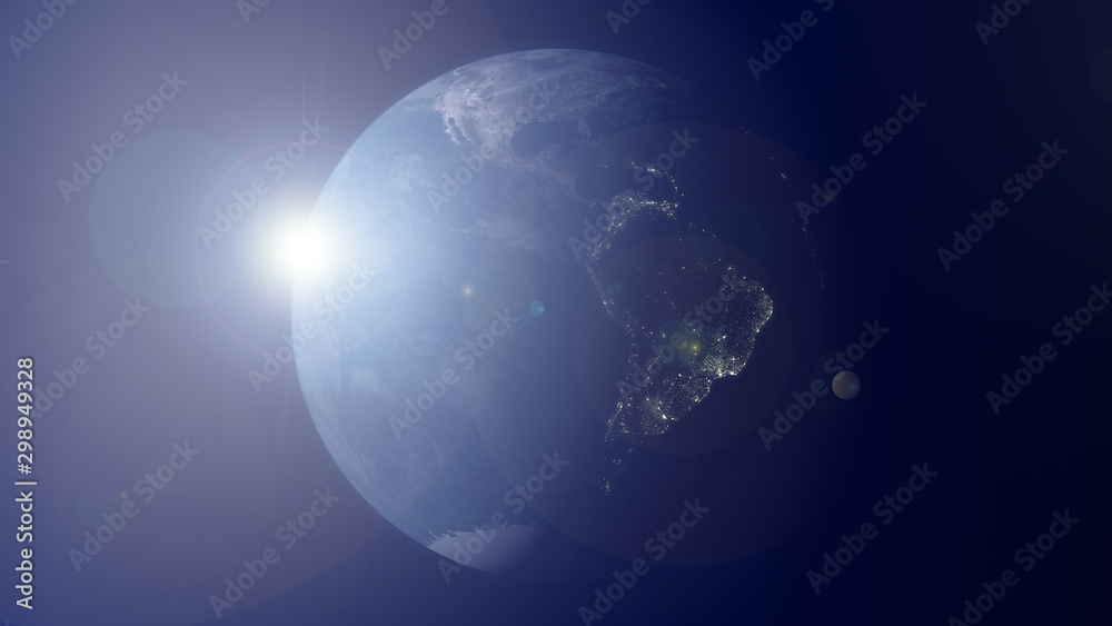 South and Central America at Sunset with City Lights. Beautiful Day Night background. 3D Rendering. Satellite Imagery view from the Space. Earth Planet globehe Space. Earth Planet globe