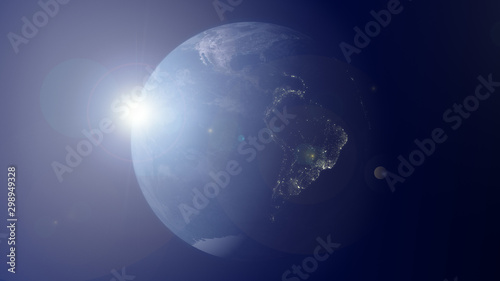 South and Central America at Sunset with City Lights. Beautiful Day Night background. 3D Rendering. Satellite Imagery view from the Space. Earth Planet globehe Space. Earth Planet globe