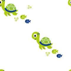 Fototapete Meerestiere-Kindermuster Bunte Fische und Schildkröten Kindermuster  © a_compot
