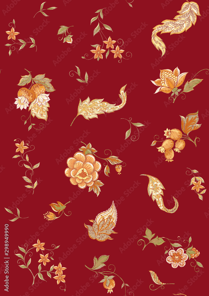 Fantasy flowers, traditional Jacobean embroidery style. Seamless pattern, background. Embroidery imitation. Vector illustration in soft orange and green colors on burgundy red background. Fantasy flowers, traditional Jacobean embroidery style. Seamless pattern, background. Embroidery imitation. Vector illustration in soft orange and green colors on burgundy red background.