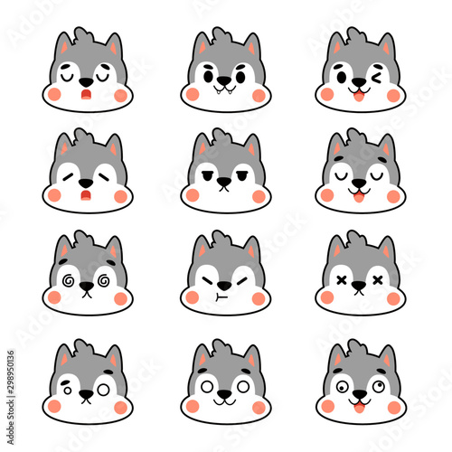 Kawaii different emotions. Vector flat illustration with set cartoon dog emoji. Emotion for chat and stickers for social networks.