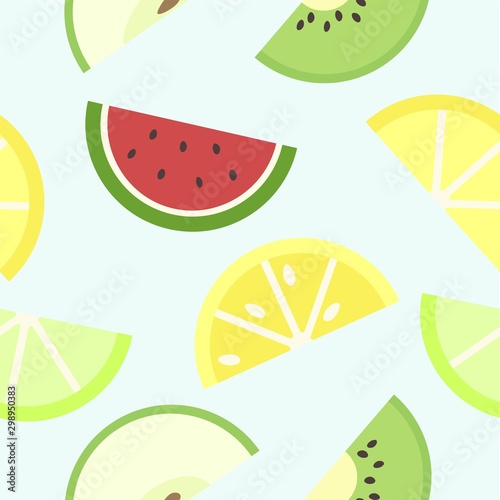 Fototapeta Naklejka Na Ścianę i Meble -  Juicy pattern with slices of fruits: watermelon, lime, lemon, apple and kiwi. 