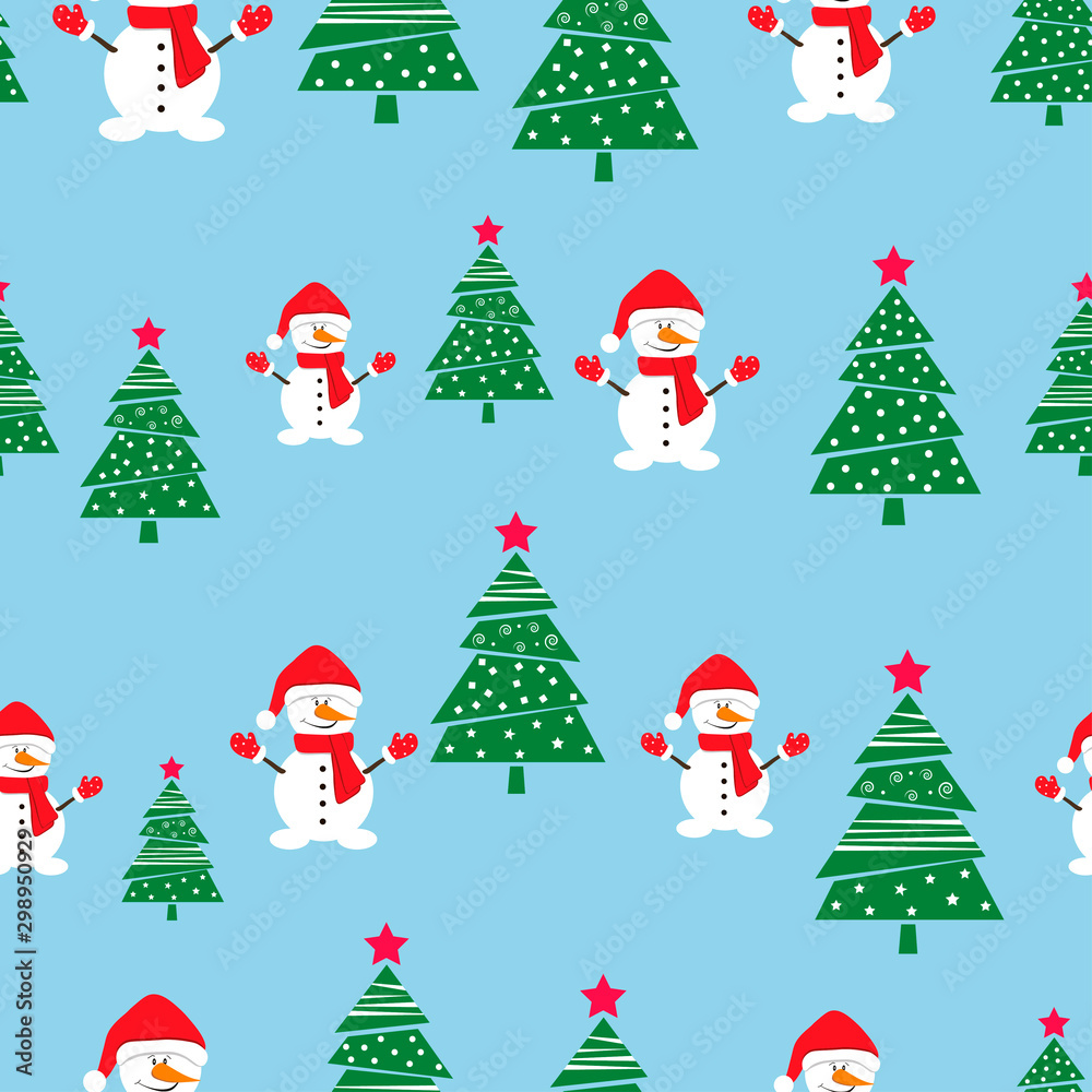  Christmas, seamless vector pattern. Flat cartoon style.  Snowmen and Christmas trees on a blue background.