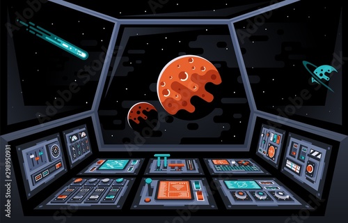 Control panel dashboard in the interior of the spaceship. Cabin of spacecraft. Planets and stars in the windows. Vector illustration.