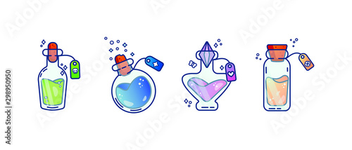 Set of magic bottles on white background. Vector illustration with bottles of potions of love, good luck, magic and a bottle with poison.