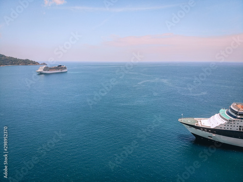 The snout of the luxurious cruise liner, vast seascape, beautiful horizon; big vessel concept.
