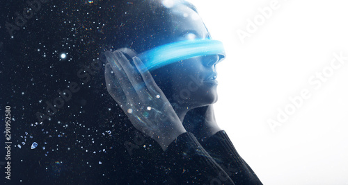 Double exposure of female face. Abstract black and white woman portrait. Digital art. Girl in glasses of virtual reality. Augmented reality, dream, future technology, game concept. VR.