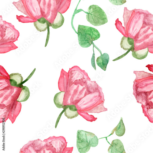 Watercolor hand painted nature floral romantic seamless pattern pion flower with pink petals  green branch and leaves isolated on the white background  spring trendy print for textile and cards