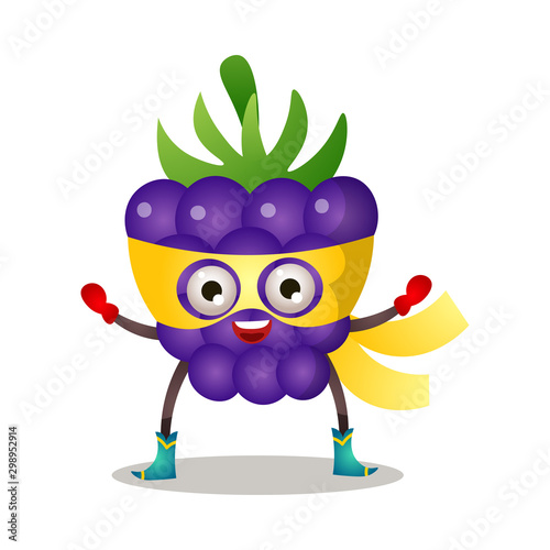 Funny superhero humanized raspberry in a yellow mask and with red boxing gloves. Vector illustration isolated on white background