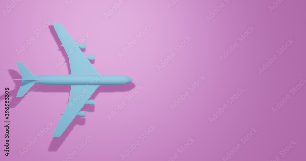 Plastic passenger jet aircraft of blue color. Airplane from plastic with copy space on a pink background. 3d illustration.