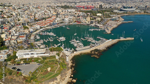 Aerial drone bird s eye view panoramic photo of iconic round shaped picturesque port of Mikrolimano with sail boats and yachts docked  Piraeus port  Attica  Greece