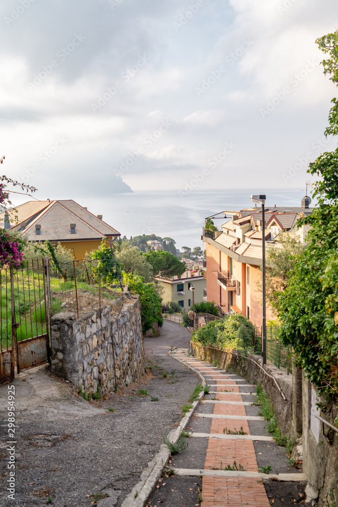 Steep winding street in the old town Bogliasco, Italy
