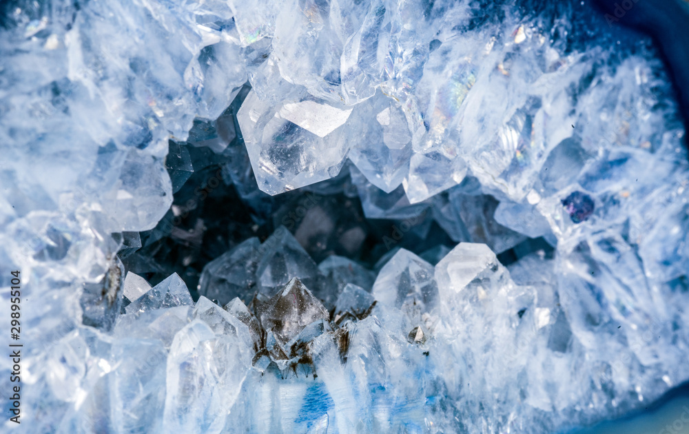 Cross section of natural stone. Blue quartz geode with transparent ...
